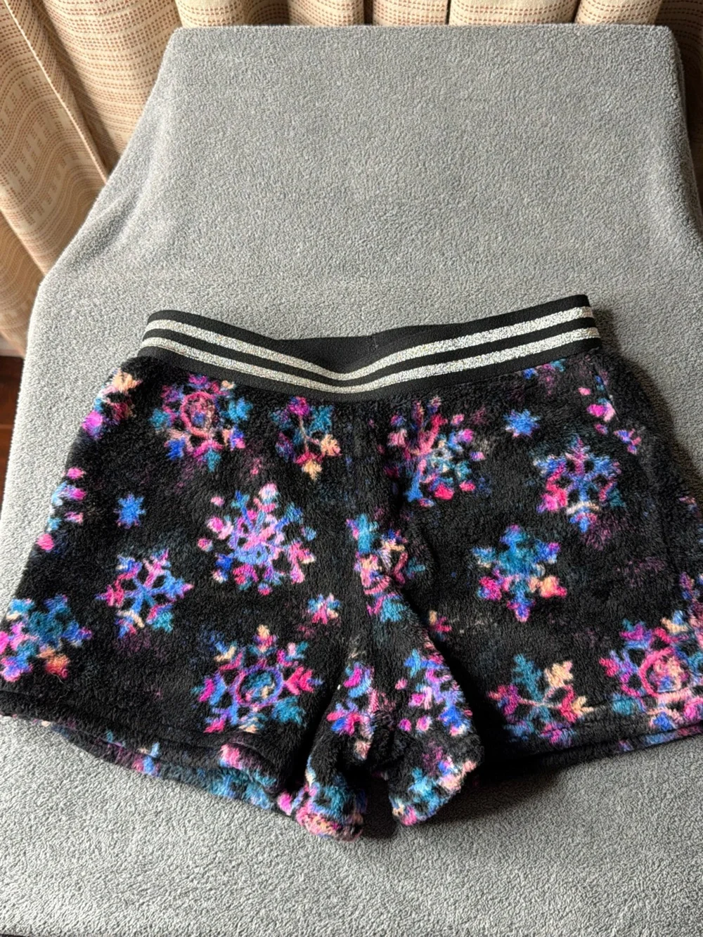 More Than Magic Black Fuzzy Floral Pajama Shorts with Multicolor Snowflake Print